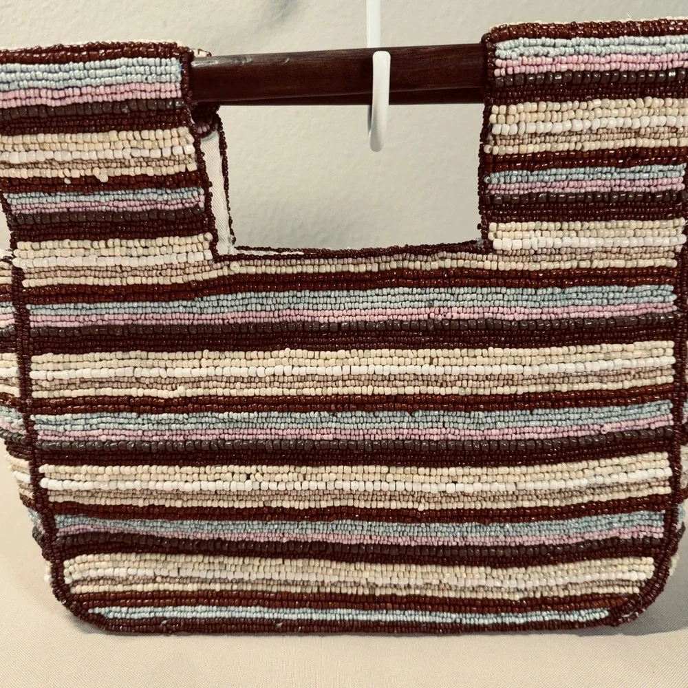 Antonio Melani Glass Bead Handbag Wood Handle Brown‎ Cream Blue Pink Summer Boho - Picture 10 of 16